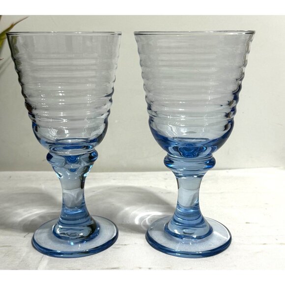 Set Of 2 Vintage Sirrus Blue Water Goblets By Libbey Heavy Glasses - Picture 3 of 6